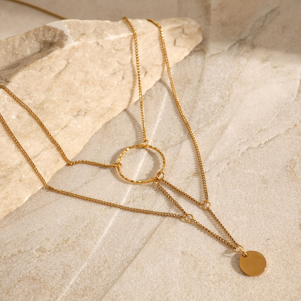 18K gold multi-layer chain necklace with round pendant, interwoven layered chains with 1cm round pendant, titanium steel with PVD gold plating, MINIMAL