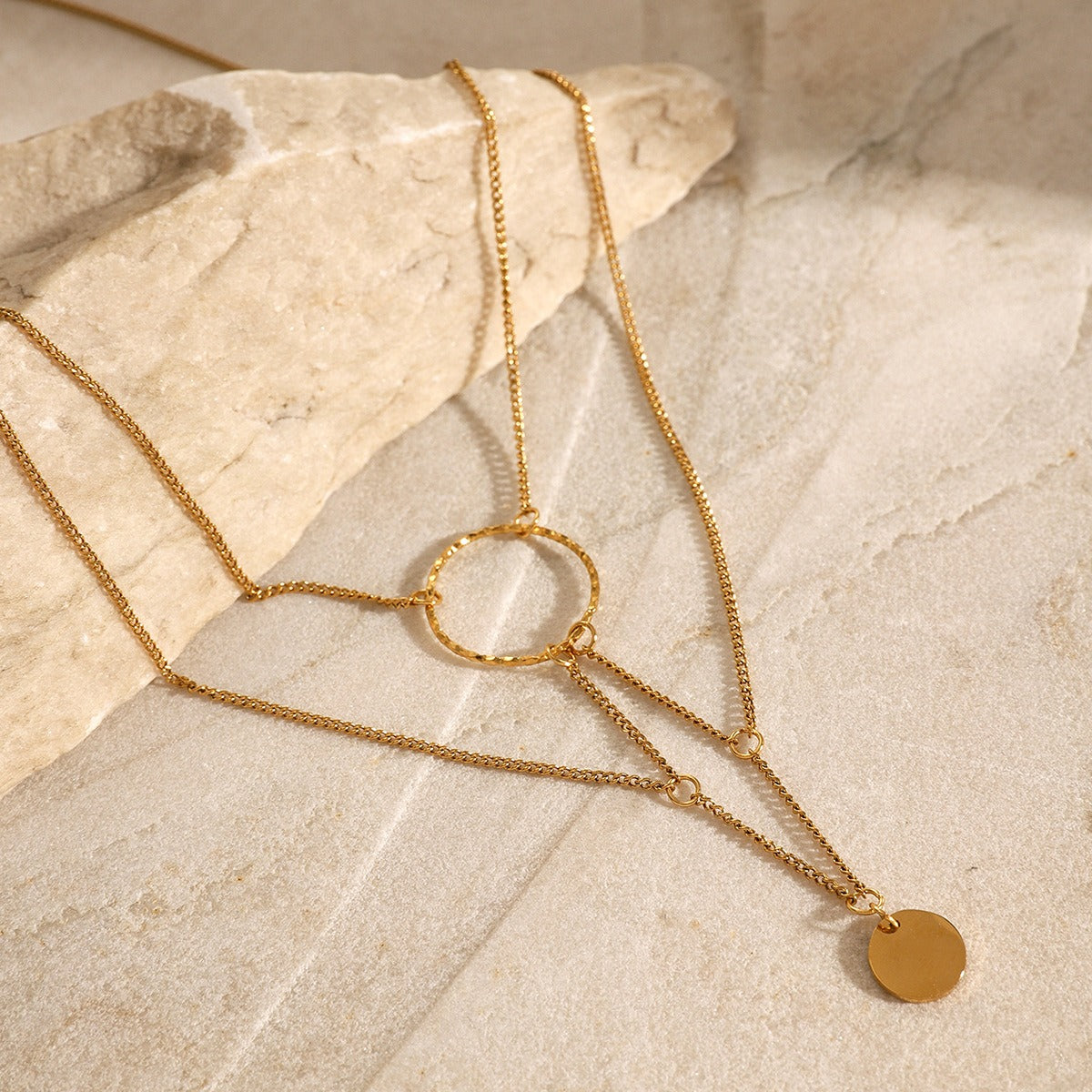 18K gold multi-layer chain necklace with round pendant, interwoven layered chains with 1cm round pendant, titanium steel with PVD gold plating, MINIMAL