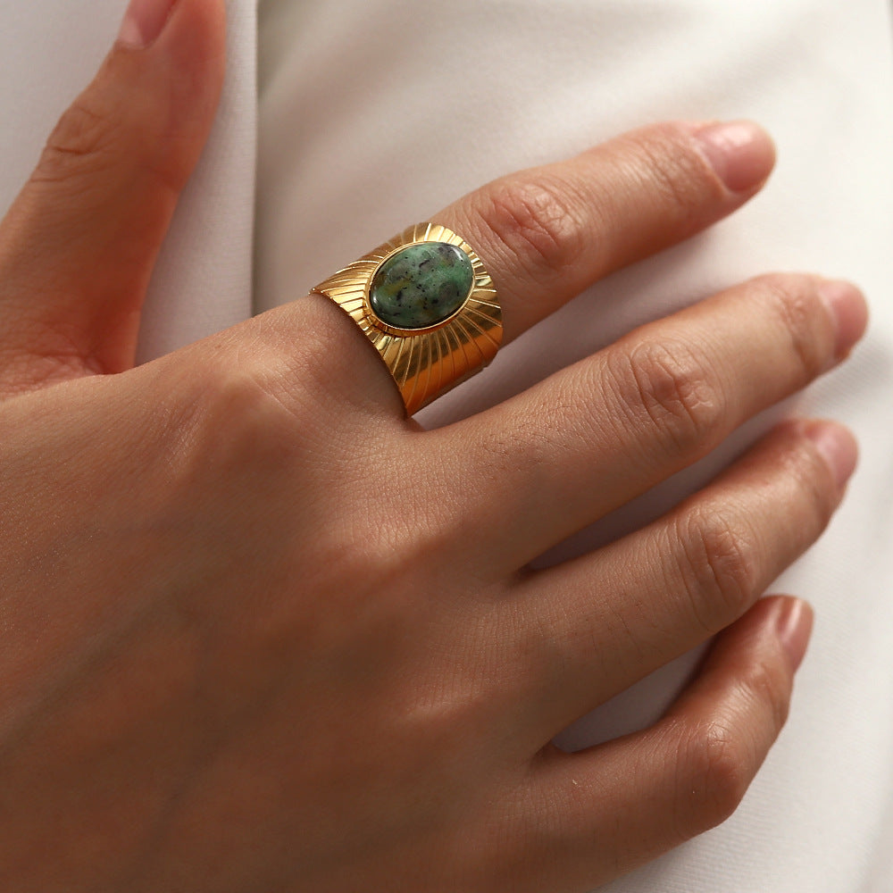 18K gold wide faceted gemstone open ring, adjustable vintage-inspired band with gemstone inlay, titanium steel with PVD gold plating, MINIMAL