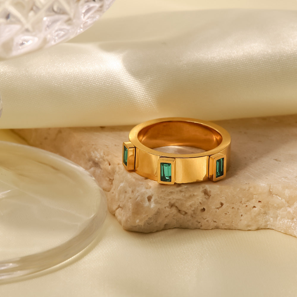 18K gold green baguette zircon ring, rectangular baguette-cut green zircon inlay, titanium steel with PVD gold plating, MINIMAL