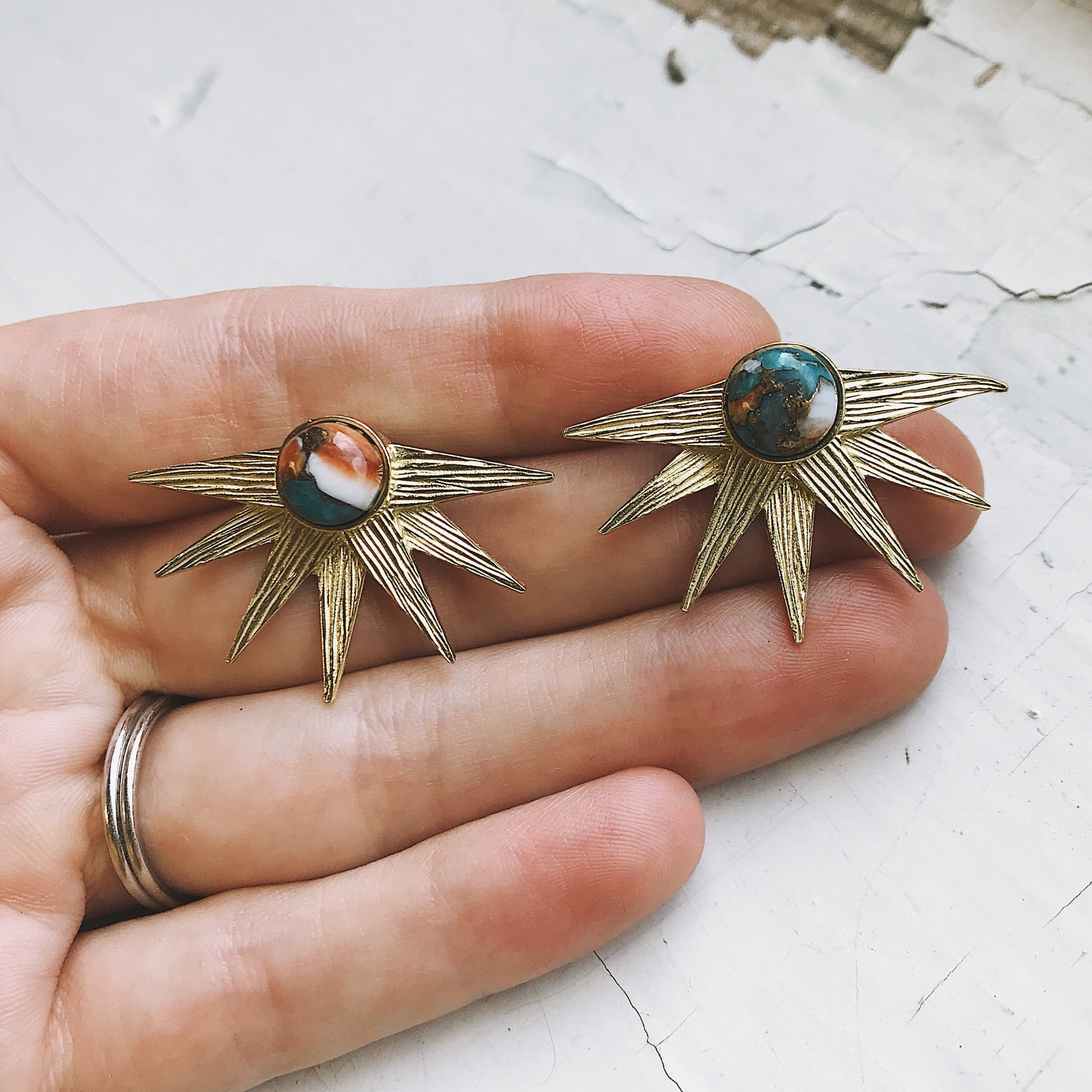 Sun Goddess Earrings with Copper Oyster Turquoise.