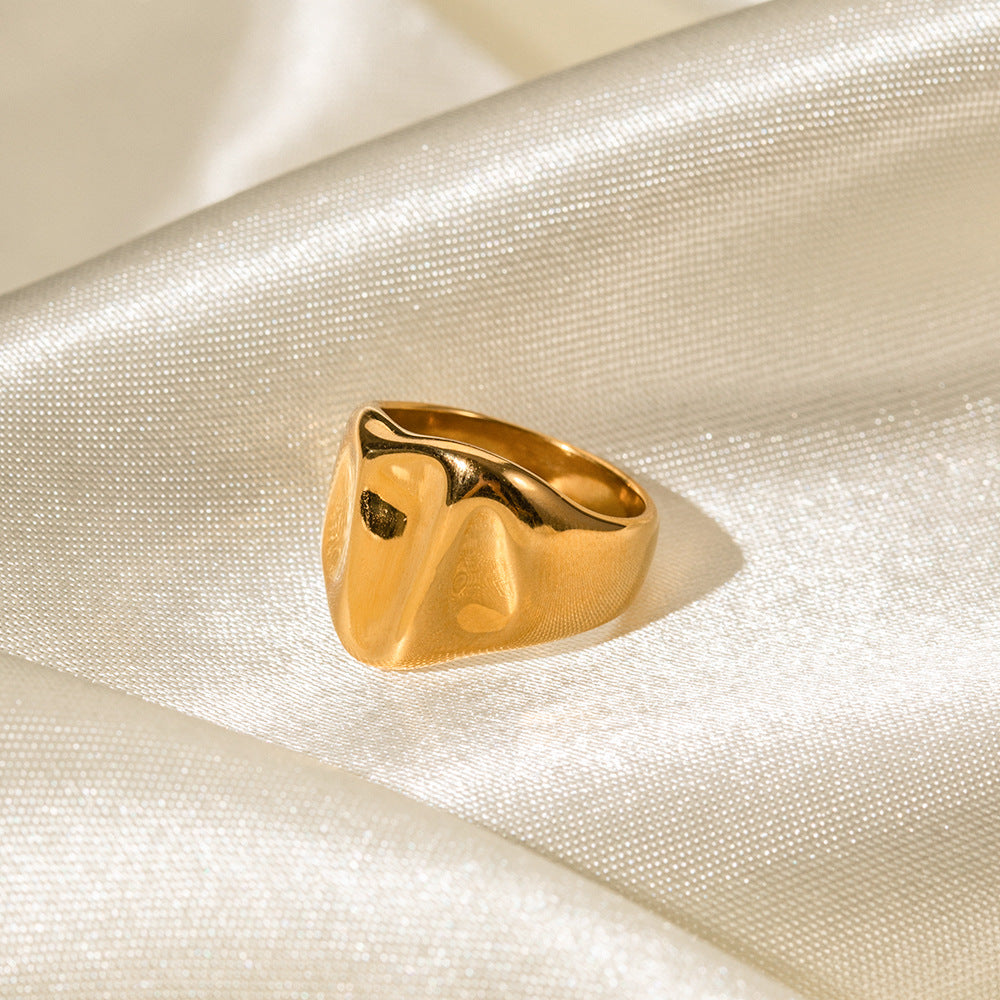 18K gold wide hammered band ring, wide band with hammer pattern texture surface, titanium steel with PVD gold plating, MINIMAL