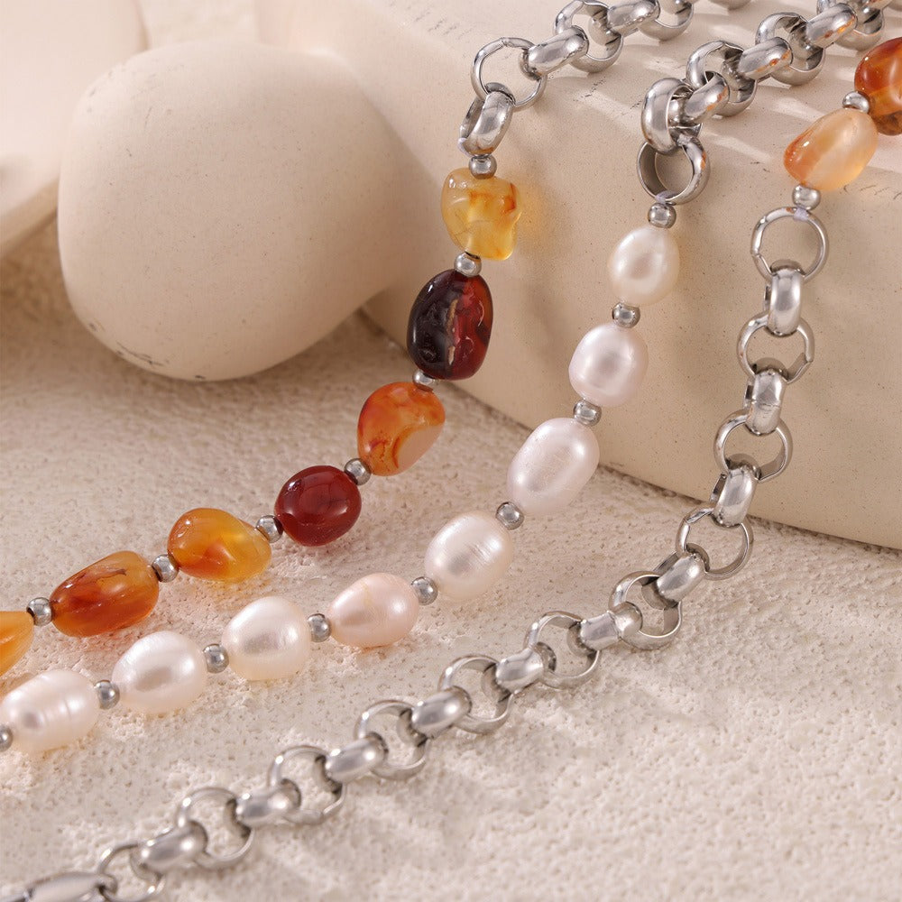 18K gold gemstone and pearl beaded necklace, alternating gemstone and pearl bead arrangement, 45cm, titanium steel with PVD gold plating, MINIMAL