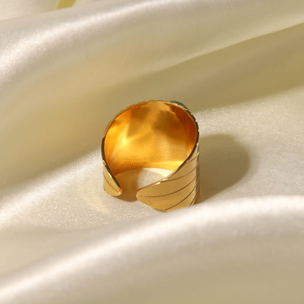 18K gold wide faceted gemstone open ring, adjustable vintage-inspired band with gemstone inlay, titanium steel with PVD gold plating, MINIMAL