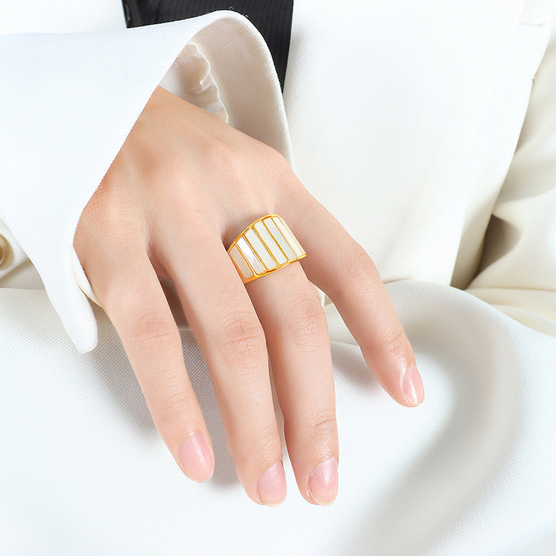18K gold line texture gemstone ring, creative linear band with gemstone inlay, titanium steel with PVD gold plating, MINIMAL