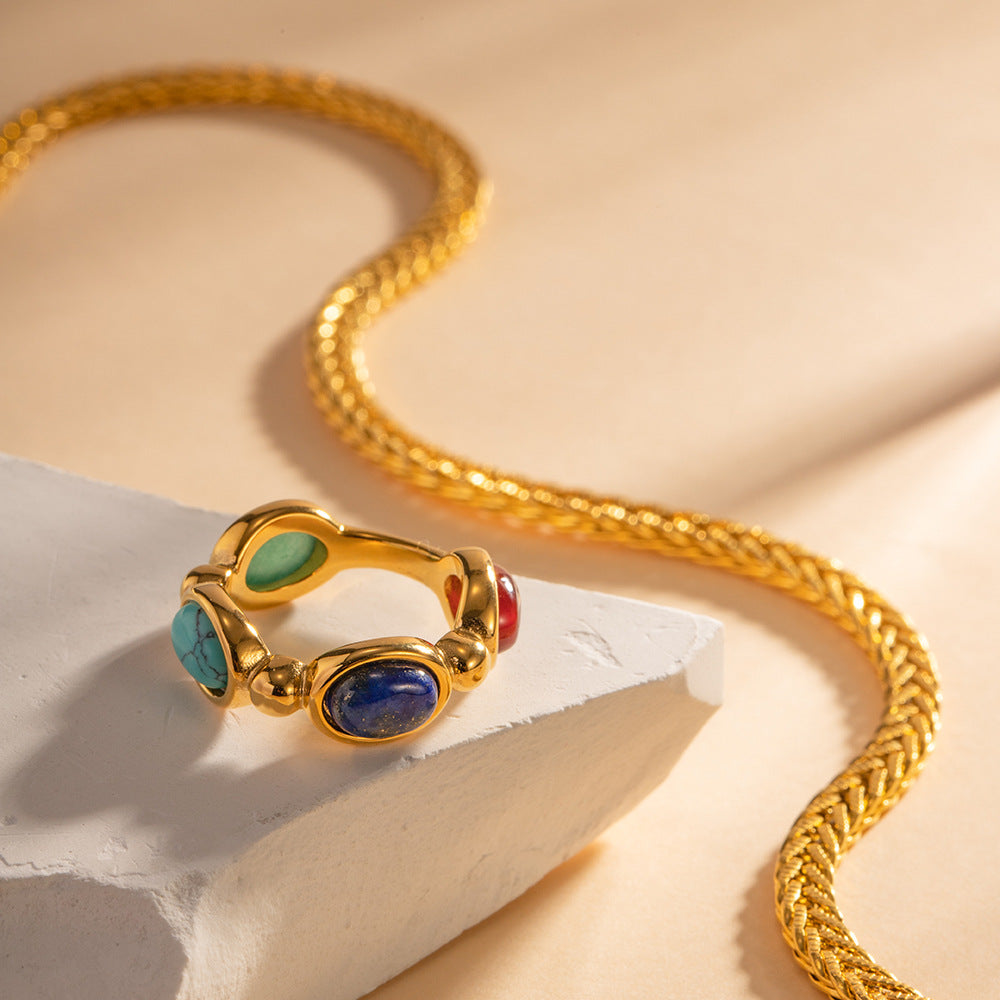 18K gold natural stone ring, geometric round setting with natural stone inlay, titanium steel with PVD gold plating, MINIMAL