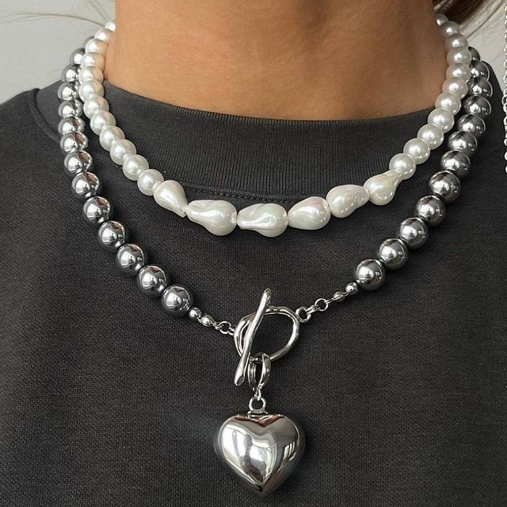 18K gold pearl beaded necklace, uniform pearl beads with irregular pearl accents on gold chain, titanium steel with PVD gold plating, MINIMAL