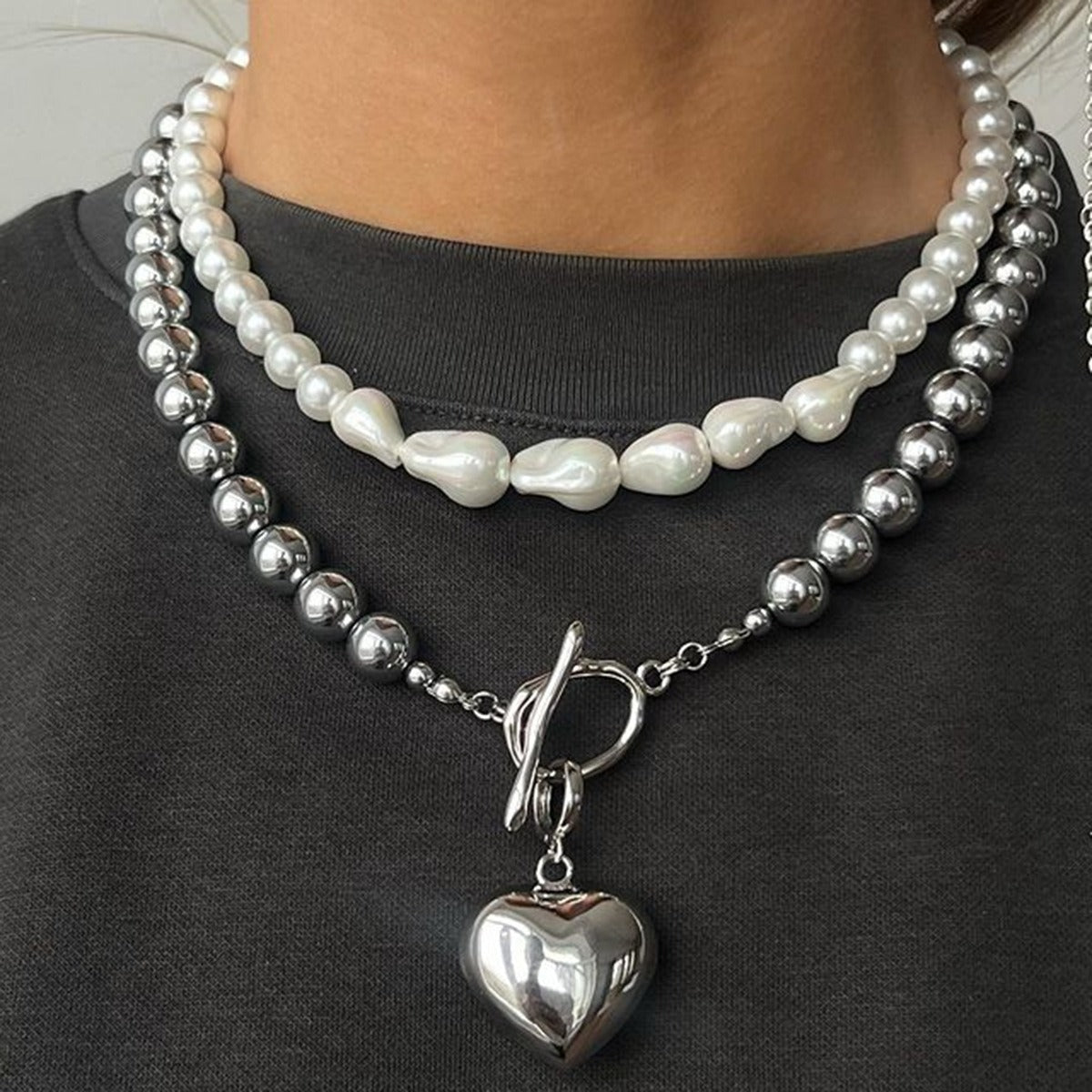18K gold pearl beaded necklace, uniform pearl beads with irregular pearl accents on gold chain, titanium steel with PVD gold plating, MINIMAL
