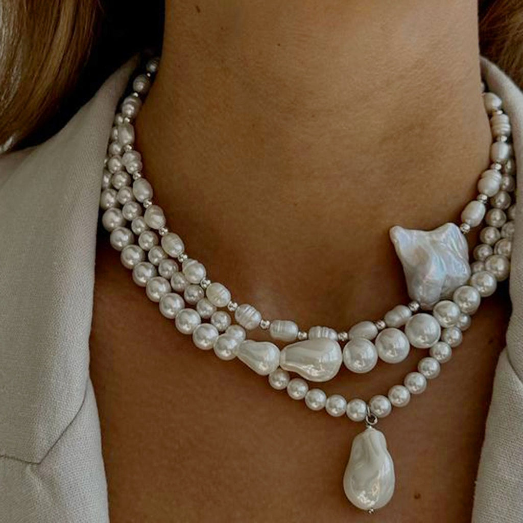 18K gold pearl bead chain necklace with irregular pearl pendant, natural pearl contrast design, titanium steel with PVD gold plating, MINIMAL