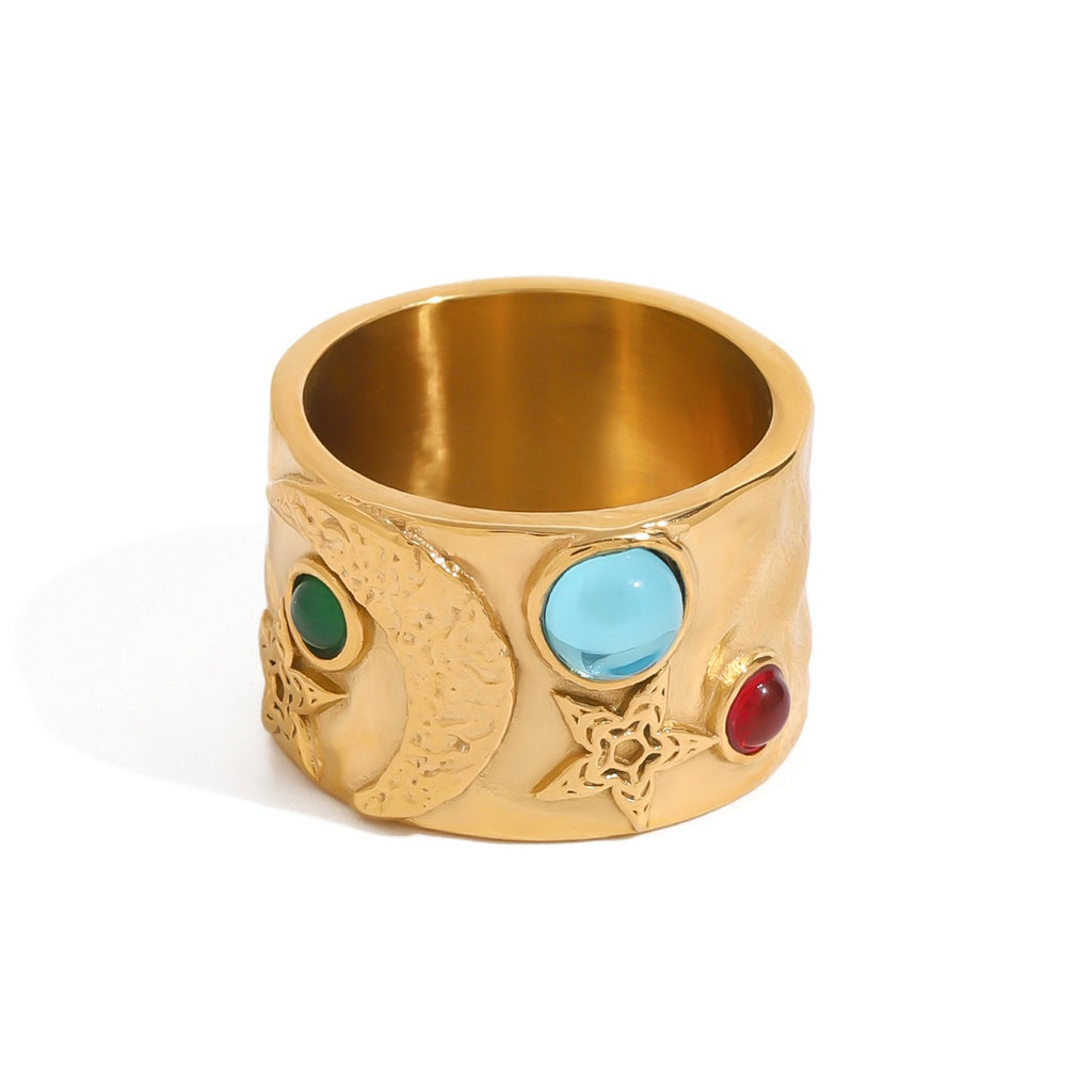 18K gold star and moon gemstone ring, wide band with zircon inlays and relief texture, titanium steel with PVD gold plating, MINIMAL