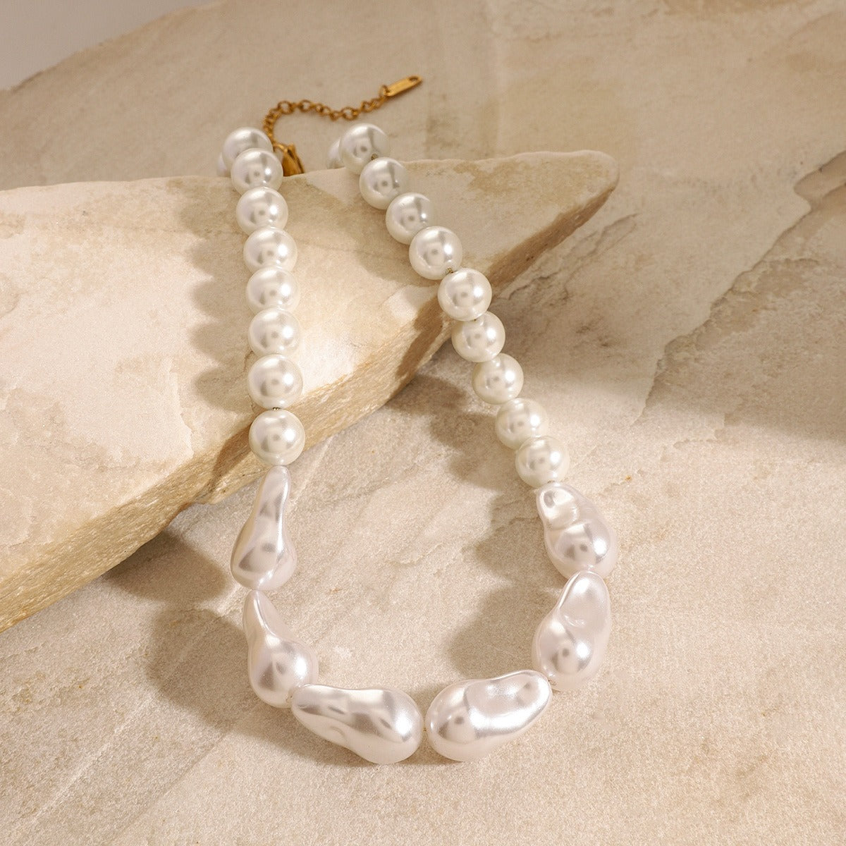 18K gold pearl beaded necklace, uniform pearl beads with irregular pearl accents on gold chain, titanium steel with PVD gold plating, MINIMAL