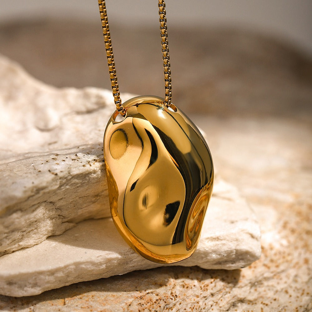 18K gold irregular hammered concave pendant necklace, irregular concave form with hammer pattern texture surface, titanium steel with PVD gold plating, MINIMAL