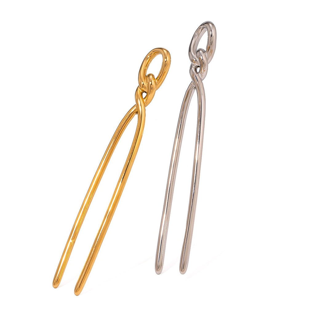 18K gold geometric knot hair pin detail view, titanium steel with PVD plating, MINIMAL