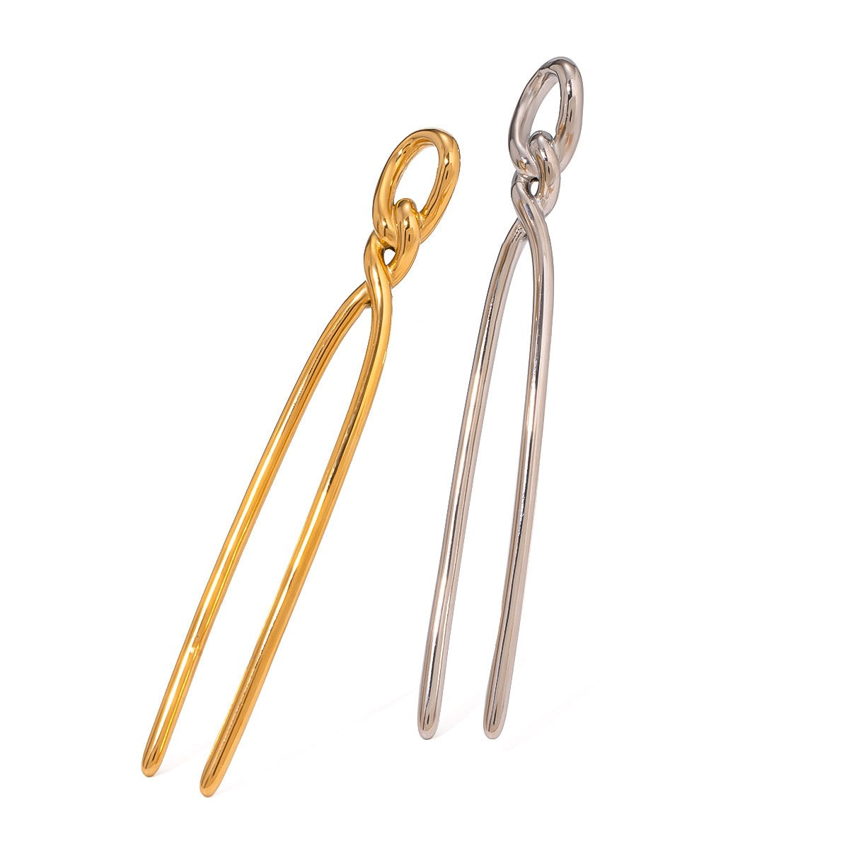 18K gold geometric knot hair pin detail view, titanium steel with PVD plating, MINIMAL