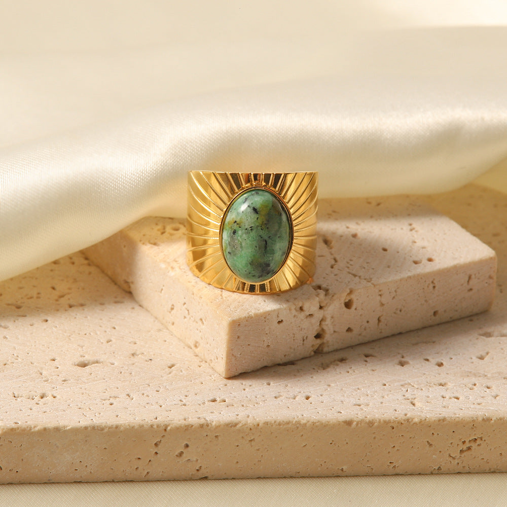 18K gold wide faceted gemstone open ring, adjustable vintage-inspired band with gemstone inlay, titanium steel with PVD gold plating, MINIMAL