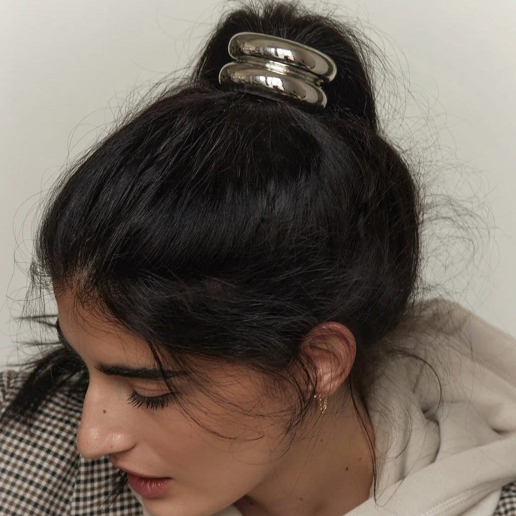 18K gold double-layer hair clip – Silver finish, stacked geometric double-layer design, titanium steel with silver-tone plating, MINIMAL