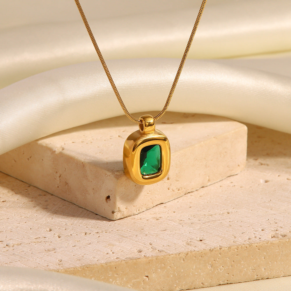 18K gold green zircon pendant necklace, elliptical green zircon on delicate bead chain, titanium steel with PVD gold plating, MINIMAL