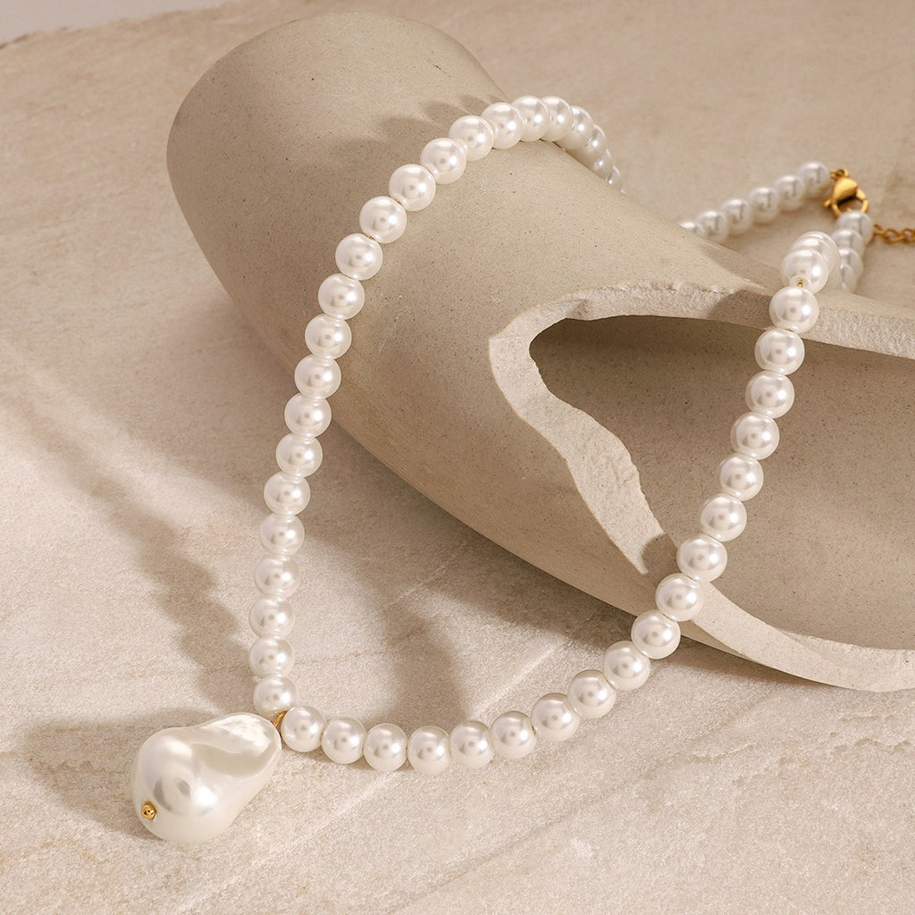 18K gold pearl bead chain necklace with irregular pearl pendant, natural pearl contrast design, titanium steel with PVD gold plating, MINIMAL