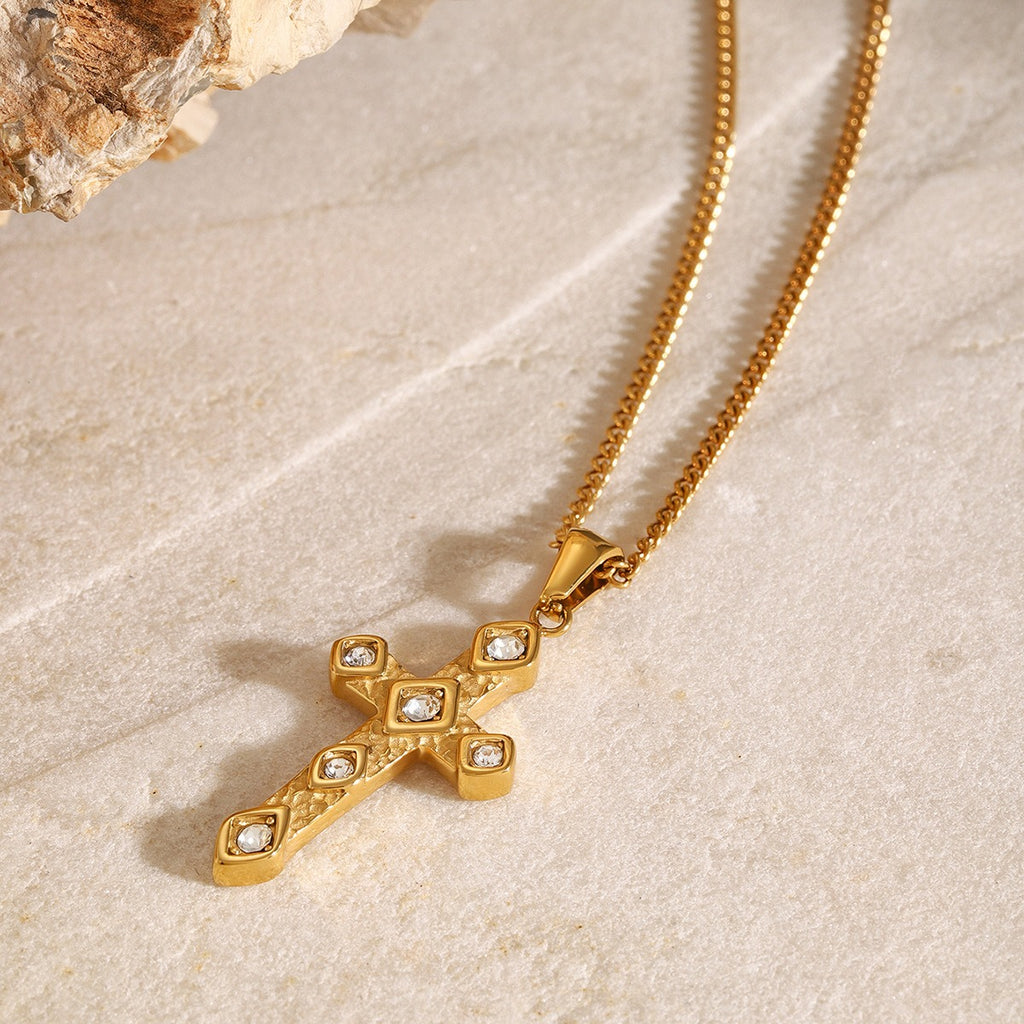 18K gold diamond cross pendant necklace, VVS1+ diamond inlays on classic cross form, titanium steel with PVD gold plating, MINIMAL