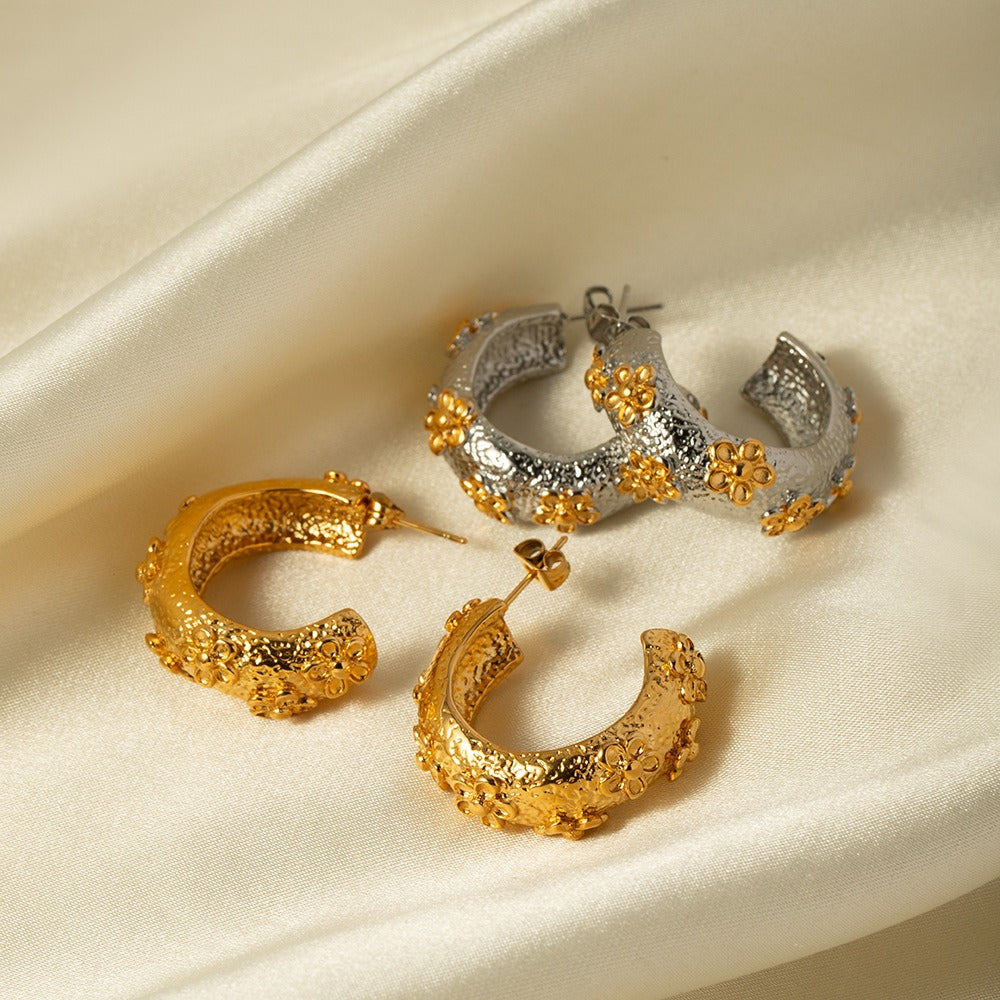 18K gold C-shape hammered flower earrings worn — gold and silver finish options, MINIMAL Jeweler
