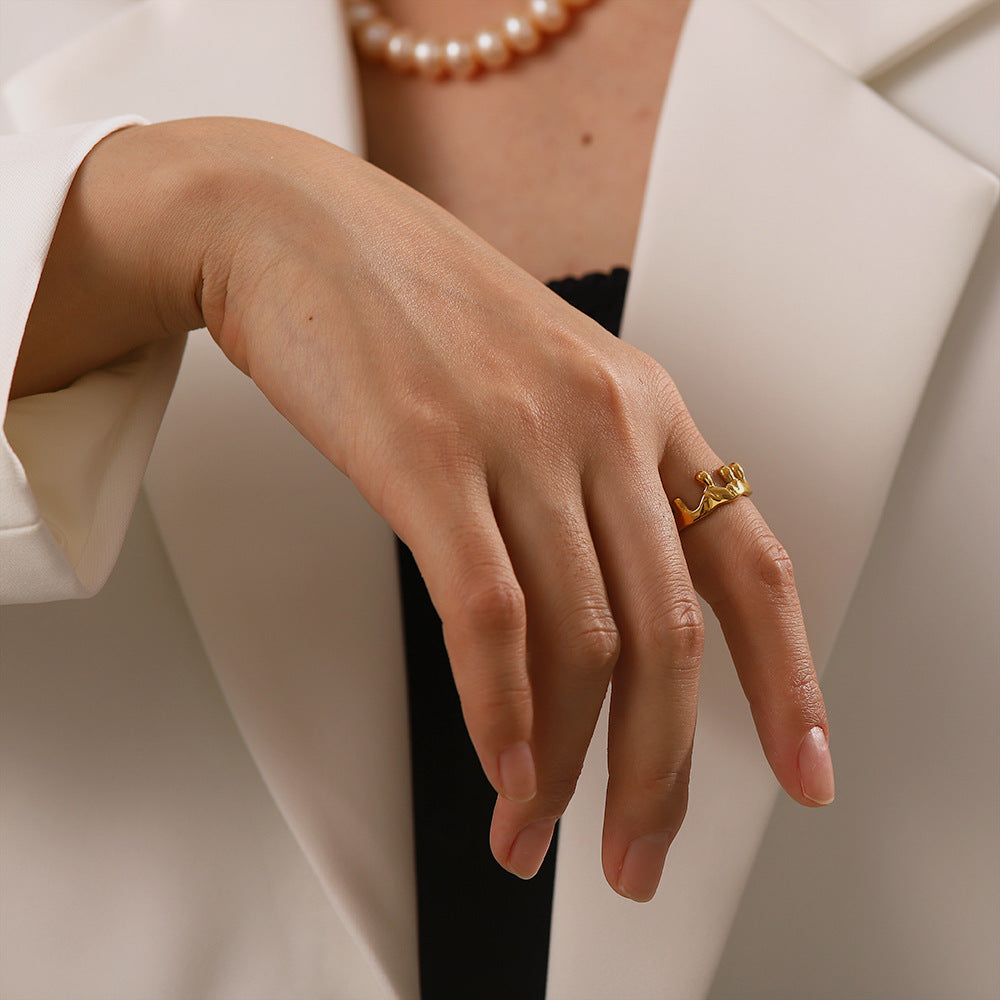 18K gold crown-inspired open geometric ring, irregular architectural silhouette, adjustable open band, titanium steel with PVD gold plating, MINIMAL