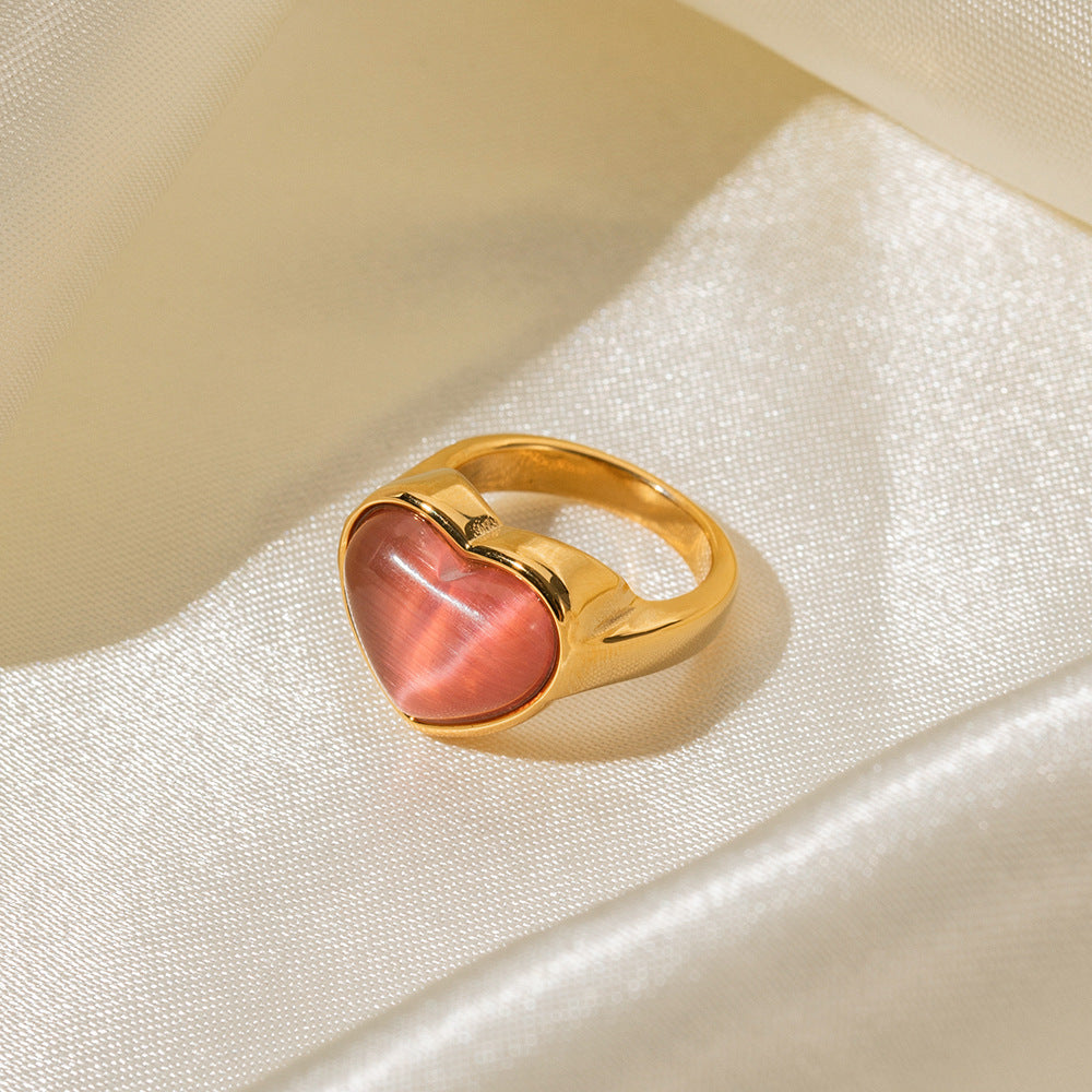 18K gold heart cat's eye ring, heart-shaped setting with cat's eye stone inlay, titanium steel with PVD gold plating, MINIMAL