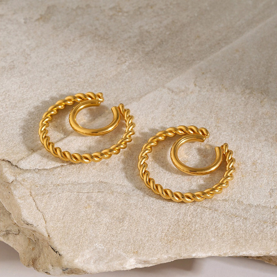 18K gold double-layer coil earrings with twisted pattern — front view, stainless steel gold plated, MINIMAL Jeweler