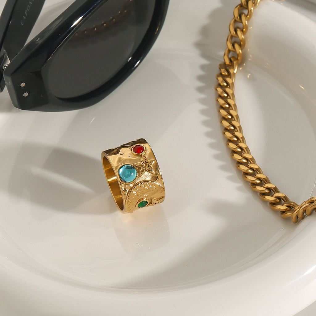 18K gold star and moon gemstone ring, wide band with zircon inlays and relief texture, titanium steel with PVD gold plating, MINIMAL