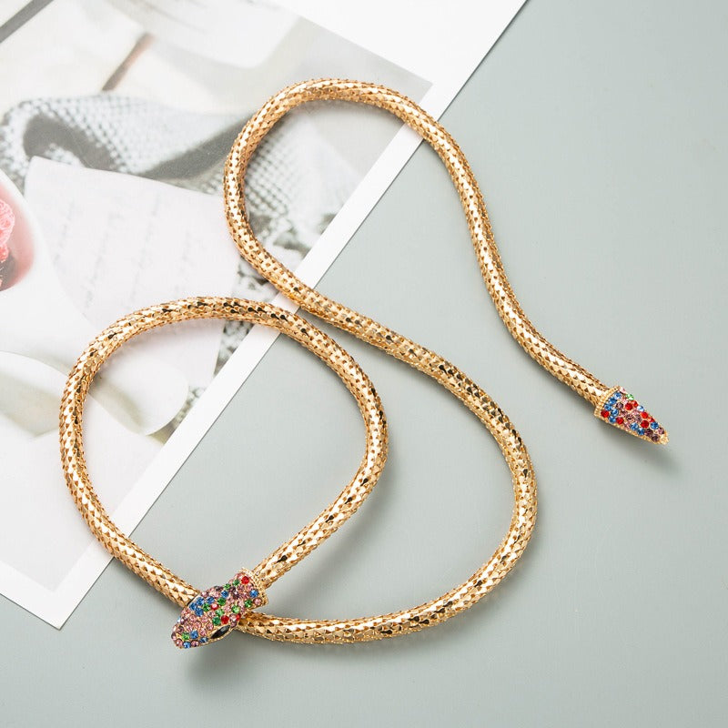 18K gold snake necklace with multicolor gemstone inlay — MINIMAL