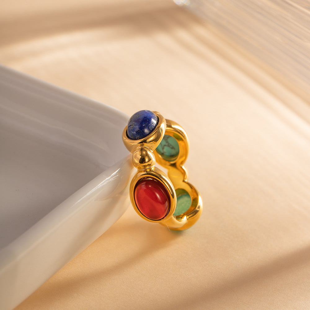 18K gold natural stone ring, geometric round setting with natural stone inlay, titanium steel with PVD gold plating, MINIMAL