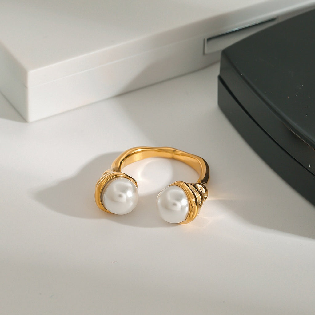 18K gold double pearl open ring, adjustable open band with pearl tips at each end, titanium steel with PVD gold plating, MINIMAL