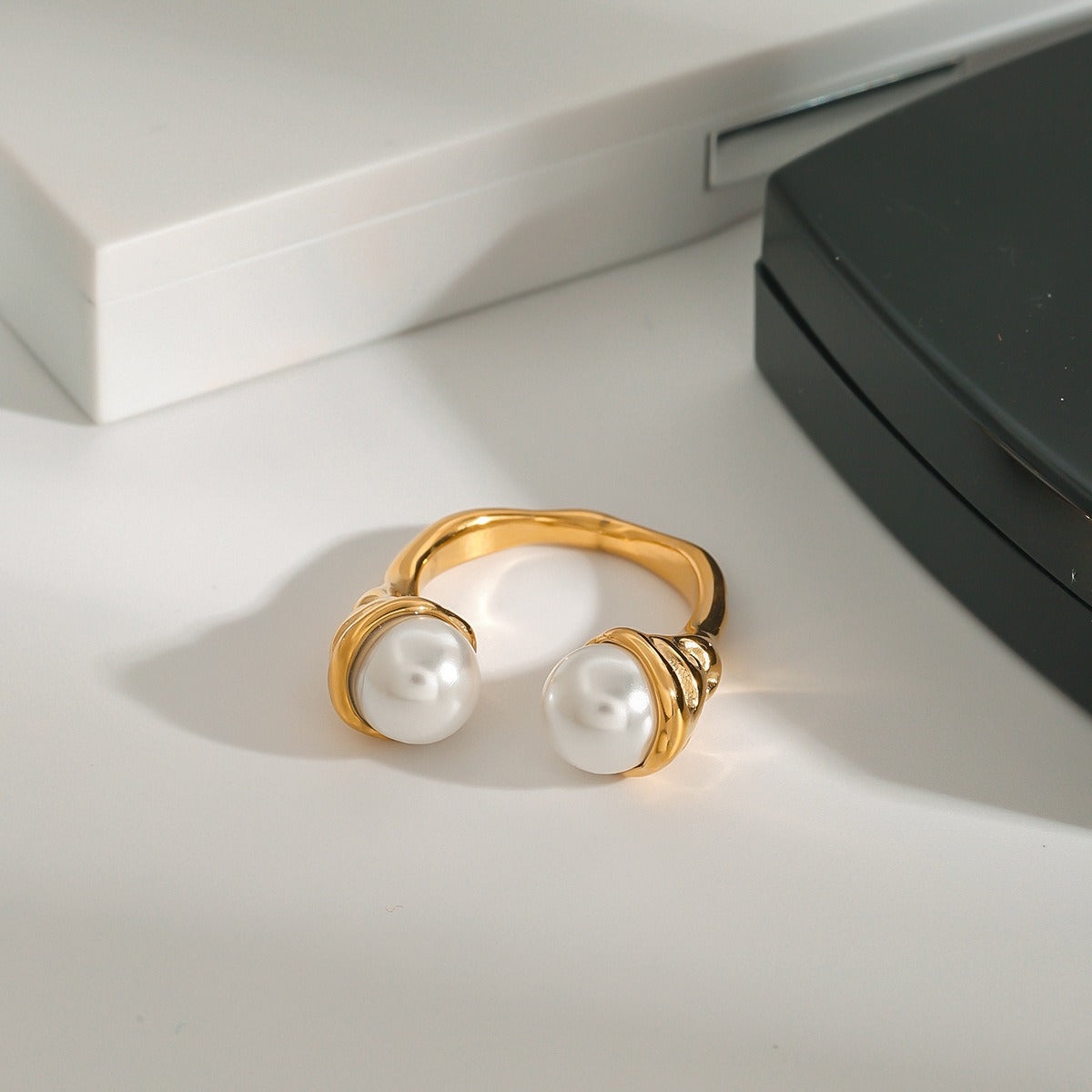 18K gold double pearl open ring, adjustable open band with pearl tips at each end, titanium steel with PVD gold plating, MINIMAL