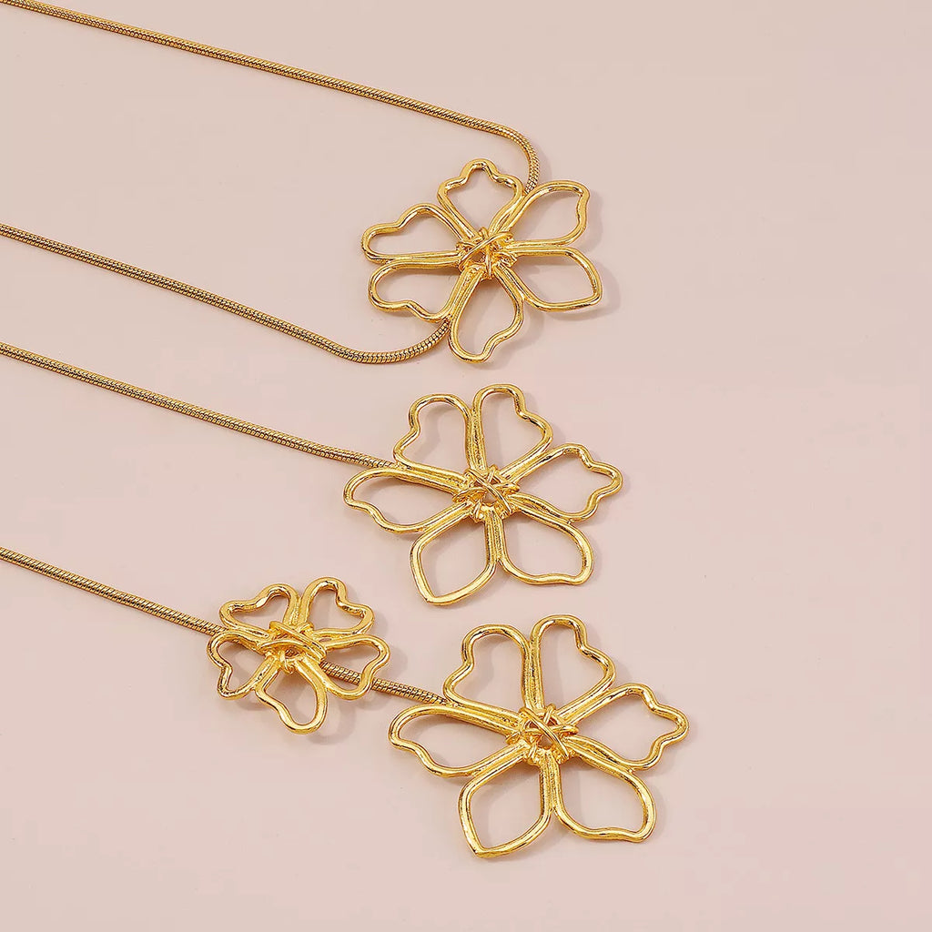 18K gold flower pendant necklace, floral design on long 65cm chain, gold-plated alloy, MINIMAL