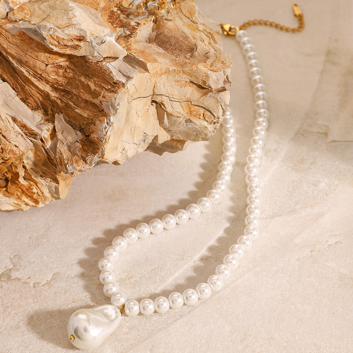 18K gold pearl bead chain necklace with irregular pearl pendant, natural pearl contrast design, titanium steel with PVD gold plating, MINIMAL