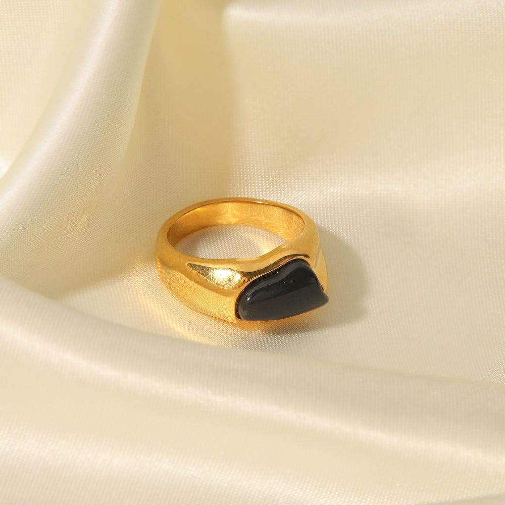 18K gold natural stone ring – Black stone, titanium steel with PVD gold plating, MINIMAL