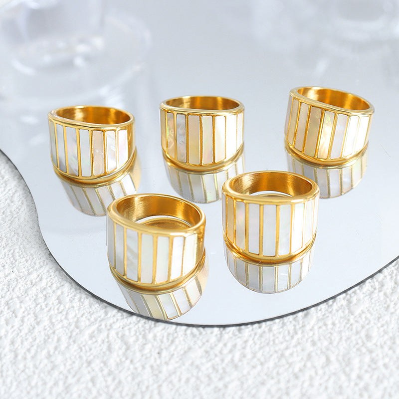 18K gold line texture gemstone ring, creative linear band with gemstone inlay, titanium steel with PVD gold plating, MINIMAL