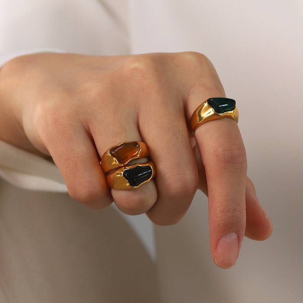 18K gold natural stone ring – Green, Black and Brown stone, titanium steel with PVD gold plating, MINIMAL