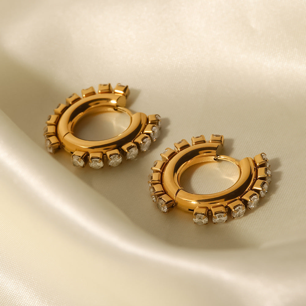 18K gold square zircon earrings on ear, bezel set white stone — MINIMAL
