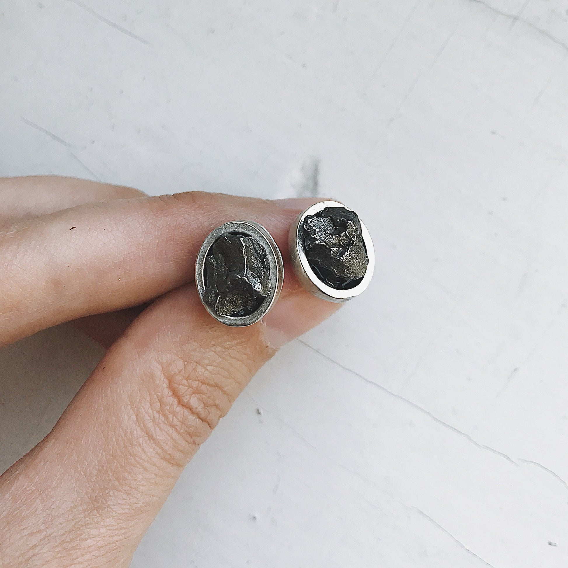 Oval Raw Meteorite Small Stud Earrings.