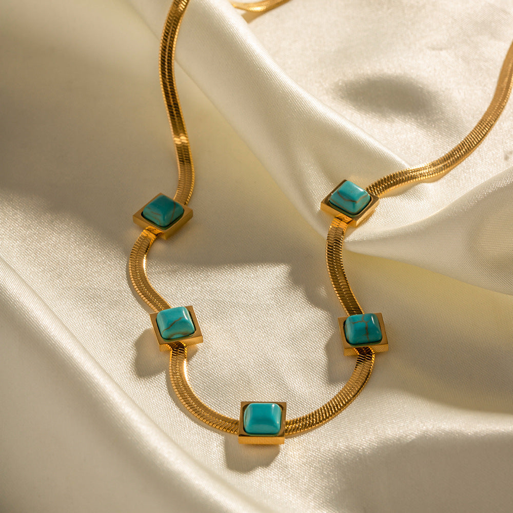 18K gold square blue malachite necklace, five square malachite stones on gold chain, titanium steel with PVD gold plating, MINIMAL