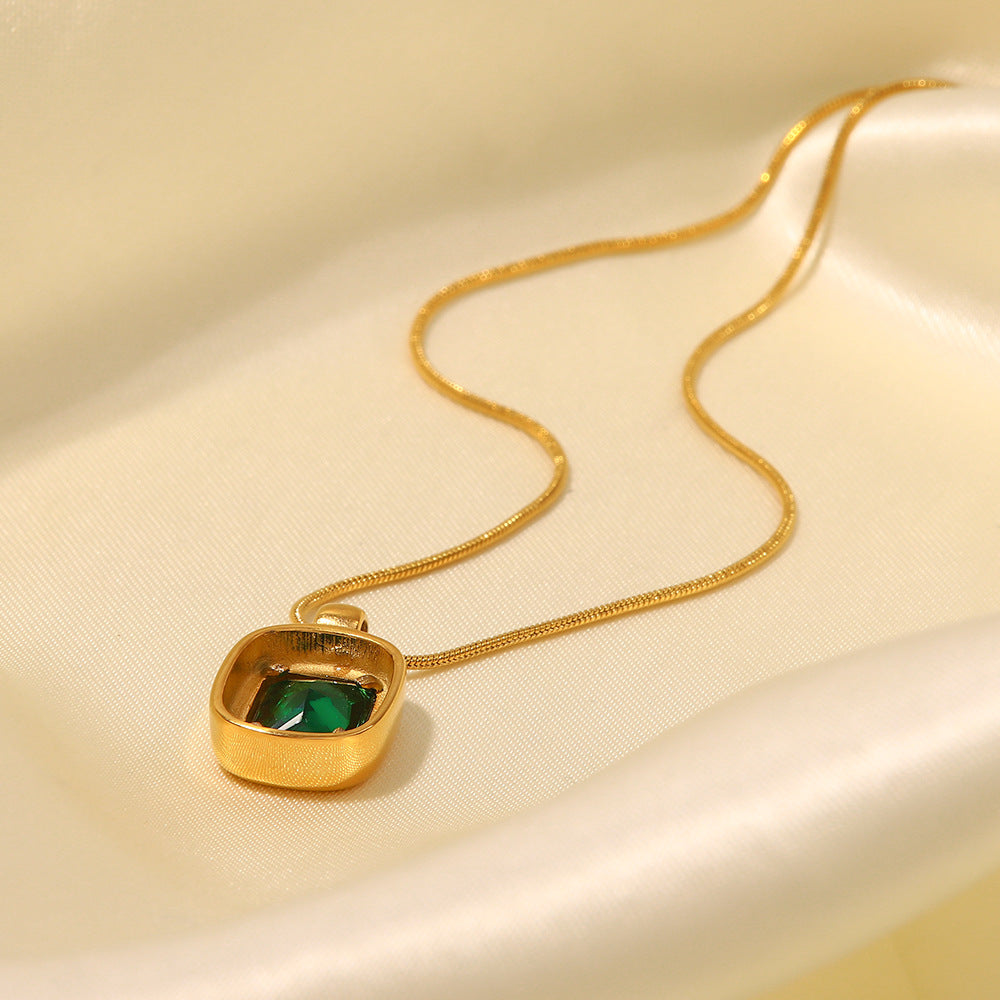 18K gold green zircon pendant necklace, elliptical green zircon on delicate bead chain, titanium steel with PVD gold plating, MINIMAL