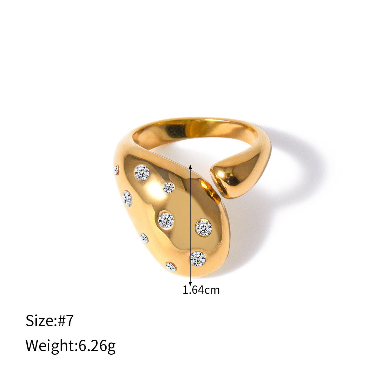 18K gold geometric diamond open ring – White stone, adjustable open band, titanium steel with PVD gold plating, MINIMAL