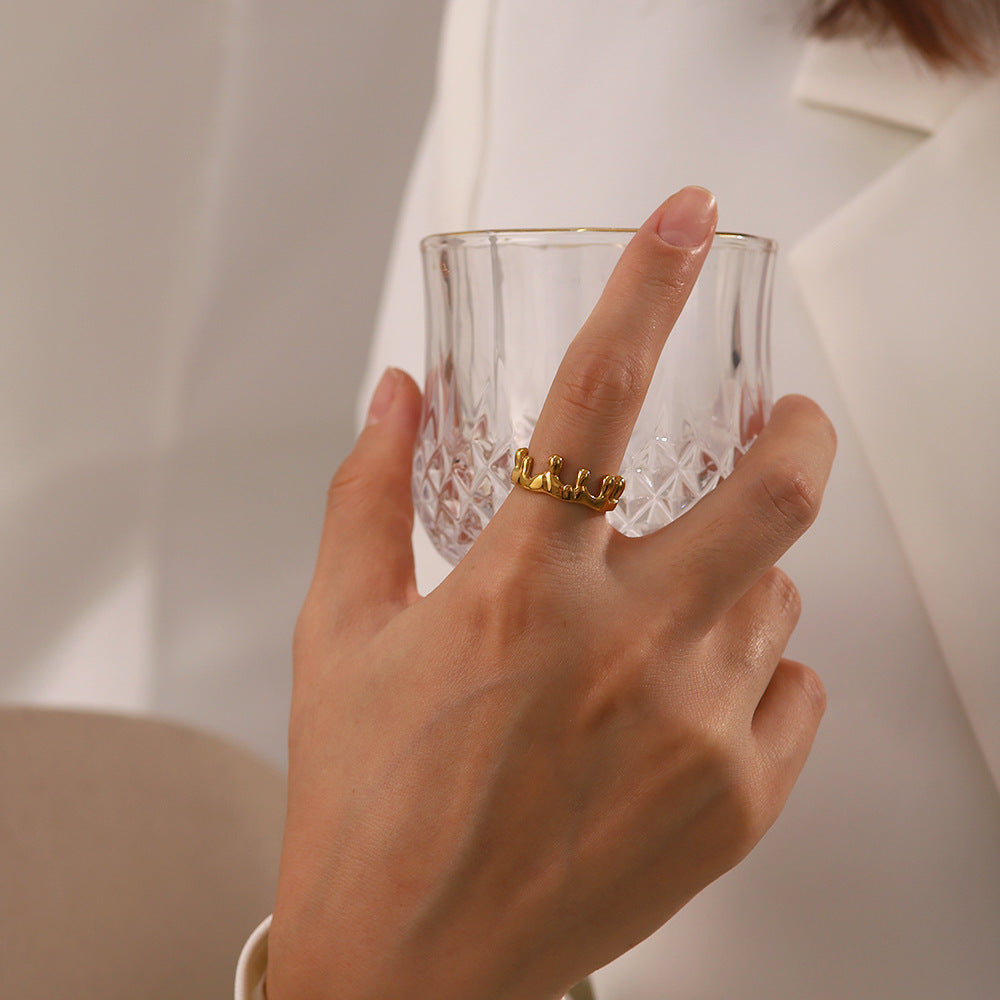 18K gold crown-inspired open geometric ring, irregular architectural silhouette, adjustable open band, titanium steel with PVD gold plating, MINIMAL