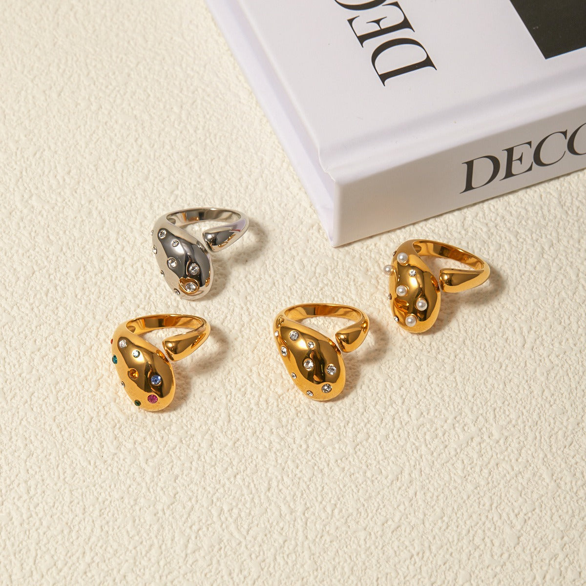 18K gold geometric diamond open ring – Color stone, adjustable open band, titanium steel with PVD gold plating, MINIMAL