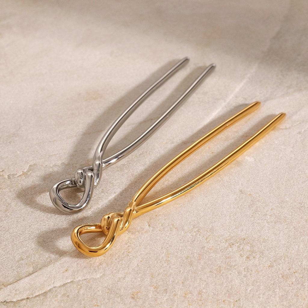 18K gold geometric knot hair pin detail view, titanium steel with PVD plating, MINIMAL