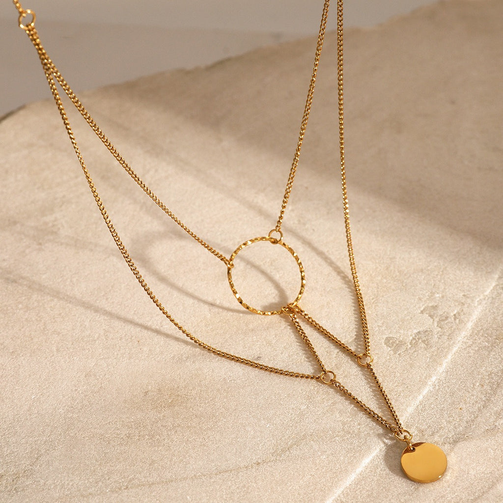 18K gold multi-layer chain necklace with round pendant, interwoven layered chains with 1cm round pendant, titanium steel with PVD gold plating, MINIMAL