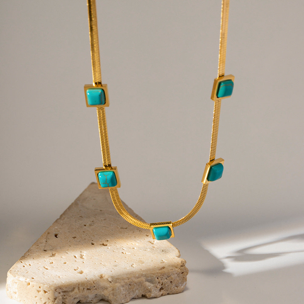 18K gold square blue malachite necklace, five square malachite stones on gold chain, titanium steel with PVD gold plating, MINIMAL