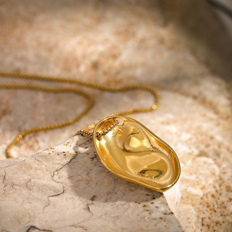 18K gold irregular hammered concave pendant necklace, irregular concave form with hammer pattern texture surface, titanium steel with PVD gold plating, MINIMAL