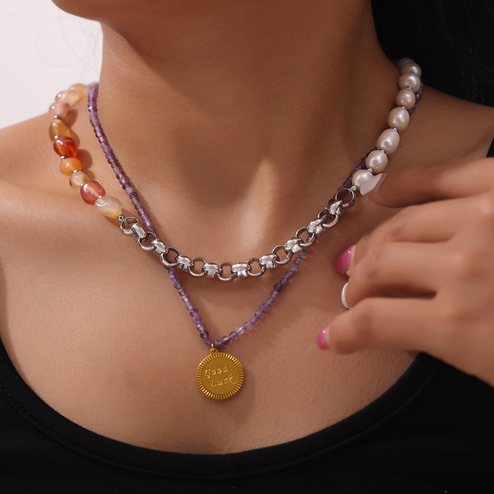 18K gold gemstone and pearl beaded necklace, alternating gemstone and pearl bead arrangement, 45cm, titanium steel with PVD gold plating, MINIMAL