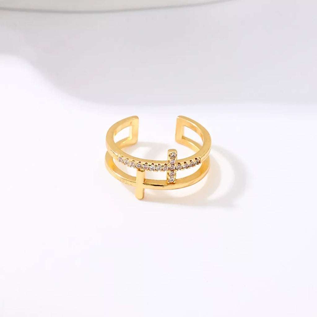 18K Gold-Plated Rhinestone Cross Open Ring - Premium Minimalist Jewelry - MINIMAL